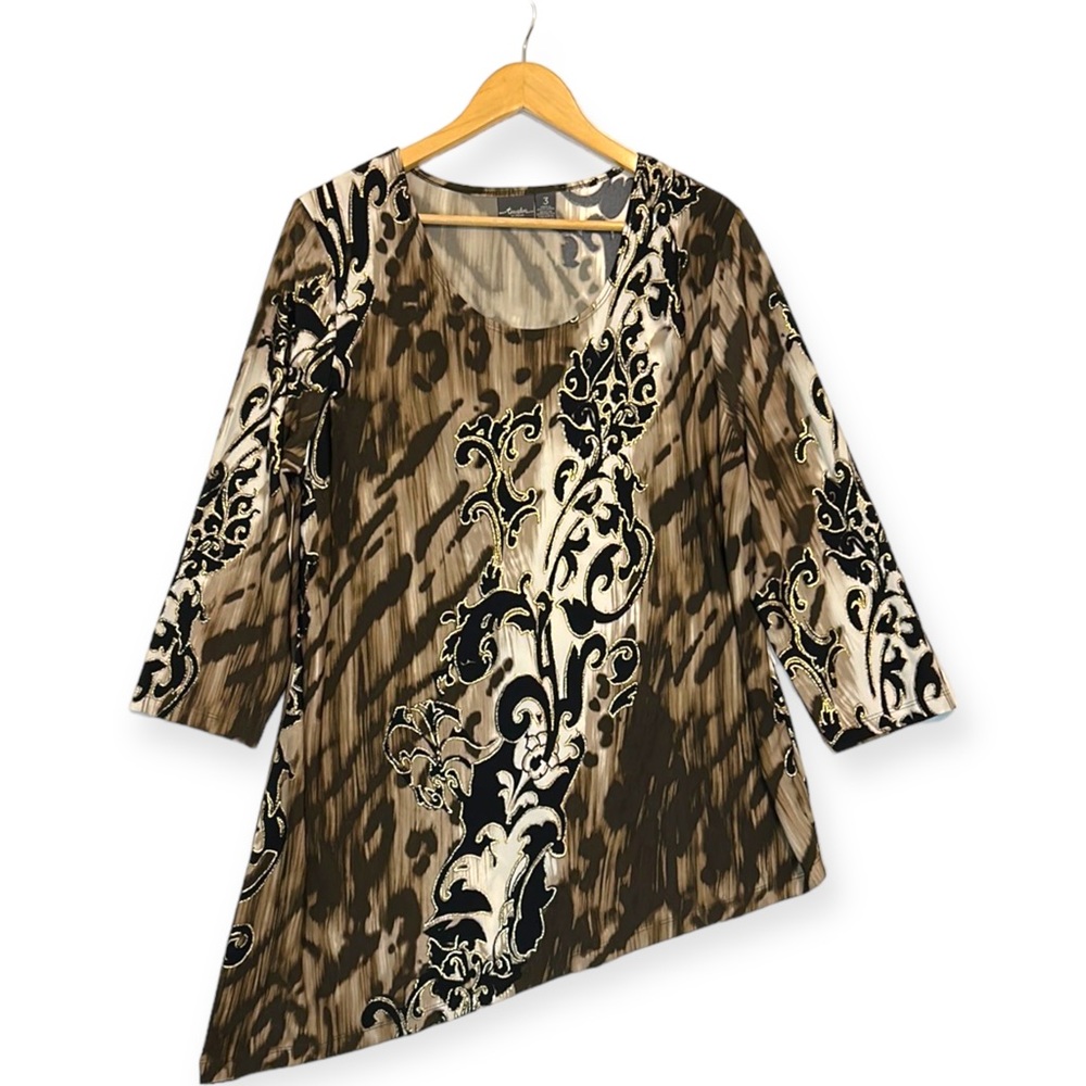 Chicos Shirt Adult Extra Large Brown Black Gold Travelers Top Asymmetric Women 3